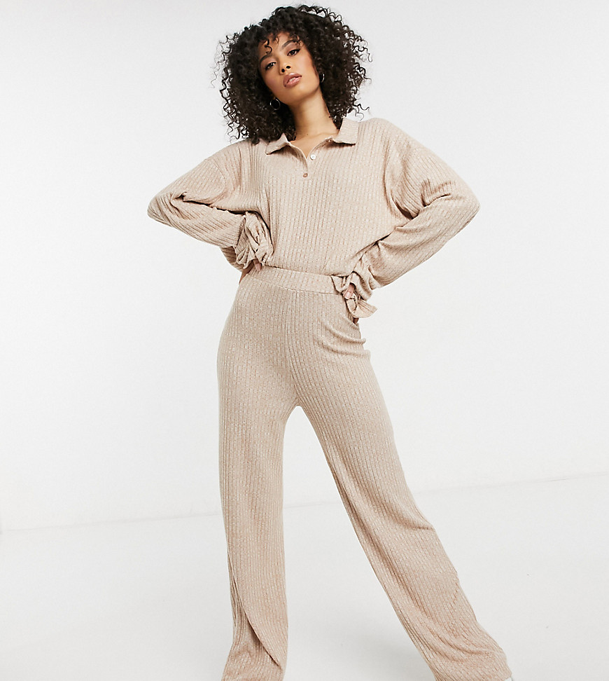 ASOS DESIGN Tall tracksuit with polo top and wide leg pants in brushed rib oatmeal-Neutral