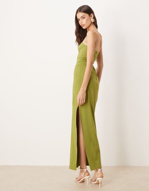 ASOS DESIGN Tall – Trägerloses Midikleid aus Bengaline in Grün mit Ziernähten, 2 von 4