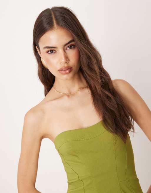 ASOS DESIGN Tall – Trägerloses Midikleid aus Bengaline in Grün mit Ziernähten, 4 von 4