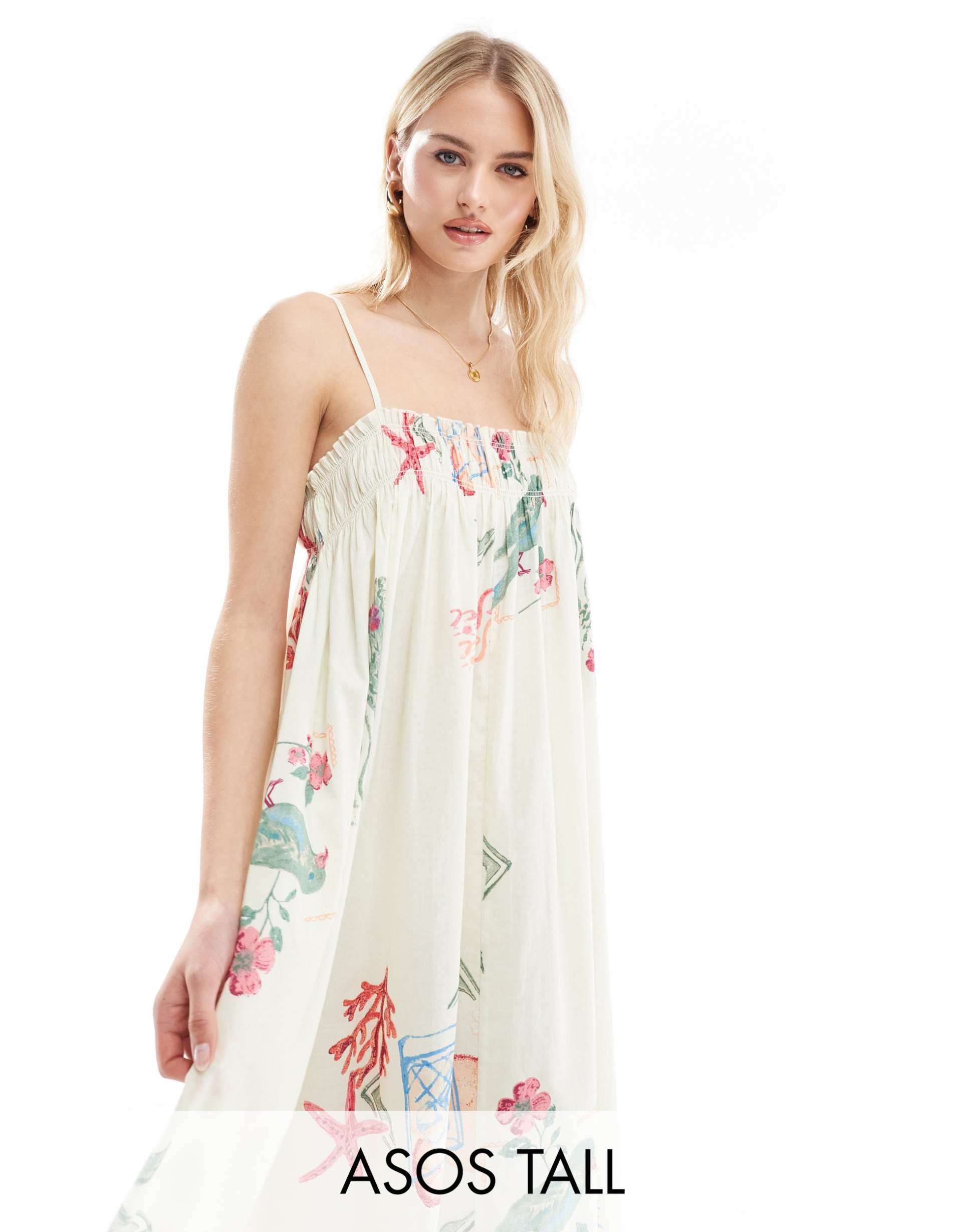 asos design tall trapeze beach dress in postcard print