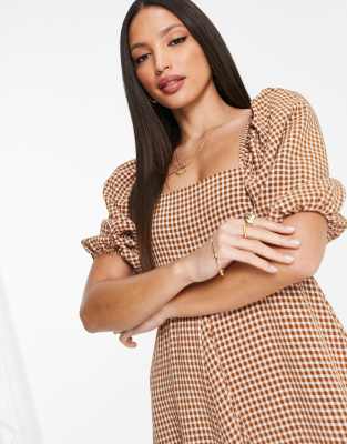 brown gingham dress asos ASOS DESIGN shirred long sleeve mini dress in brown gingham