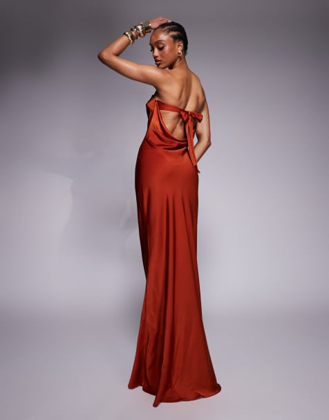 ASOS DESIGN Tall satin trapeze bandeau maxi dress with bow back detail in rust