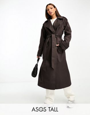 ASOS DESIGN Tall longline trench coat in chocolate - ASOS Price Checker