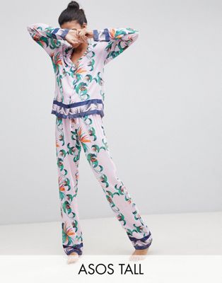 ASOS DESIGN Tall Tropical 100% Modal Traditional Shirt & Pants Pajama Set-Multi