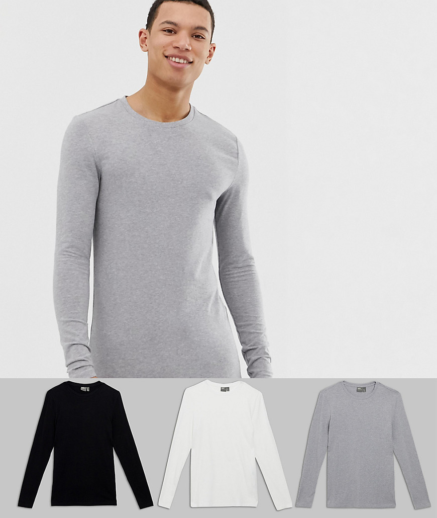 ASOS DESIGN – Tall – Tætsiddende langærmet t-shirt – pakke med 3-Multifarvet