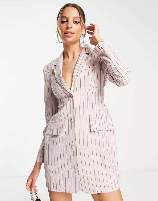ASOS DESIGN Tall - Tætsiddende, lyserød blazer-minikjole med skulderpuder og nålestriber, 4 af 4