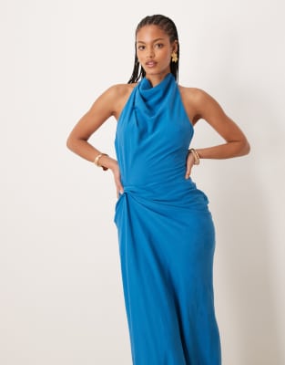 ASOS DESIGN Tall tuck detail halter maxi dress in cobalt blue