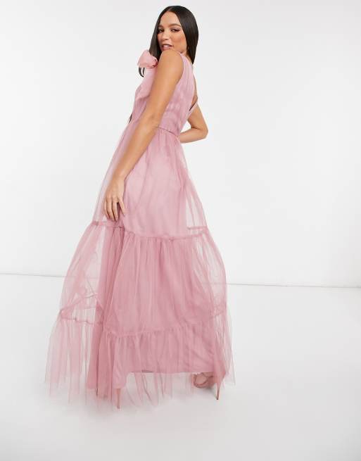 ASOS DESIGN Tall tulle bow tie tiered maxi dress in rose