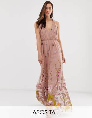 asos design petite tulle maxi dress with delicate floral embroidery and twist straps