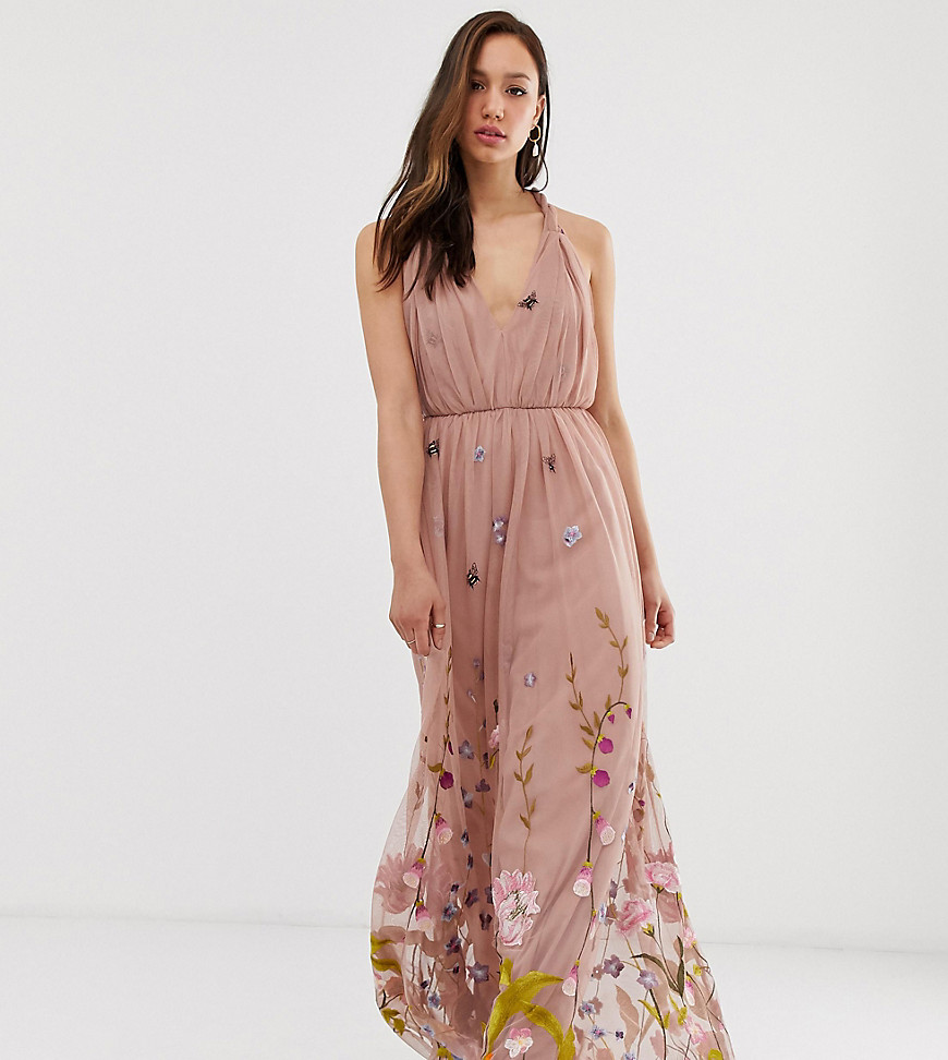 ASOS DESIGN Tall tulle maxi dress with delicate floral embroidery and twist straps-Blue