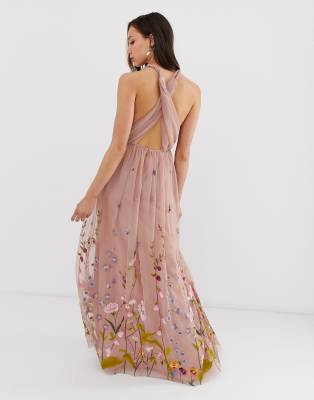 asos design petite tulle maxi dress with delicate floral embroidery and twist straps