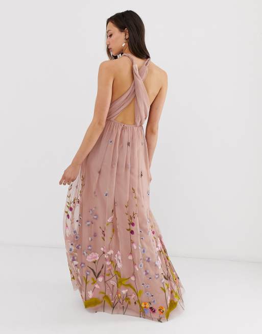 Asos design petite tulle maxi dress with delicate floral embroidery 2025 and twist straps