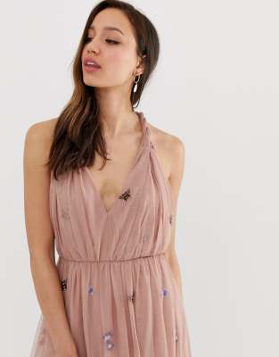 asos design petite tulle maxi dress with delicate floral embroidery and twist straps