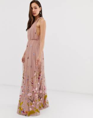 asos design tulle maxi dress with delicate floral embroidery and twist straps