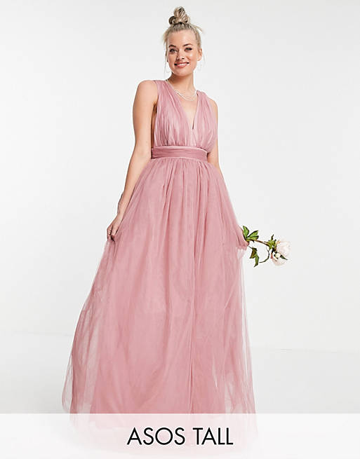  Tall tulle plunge maxi dress dress with bow back detail in rose 