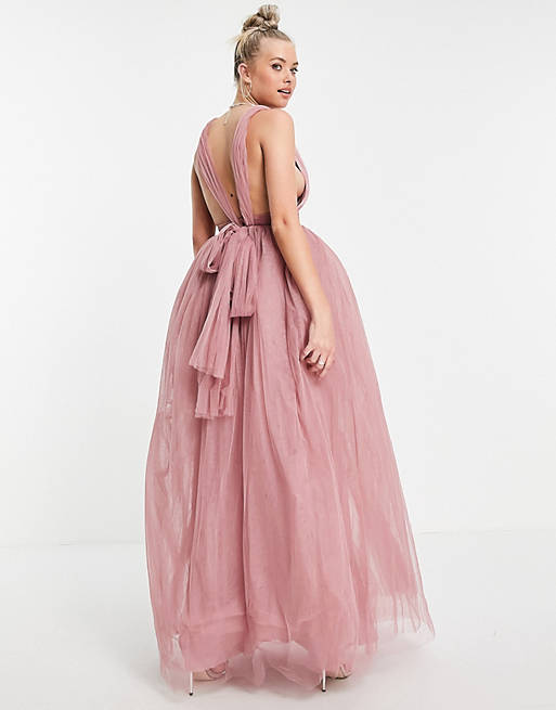 Tall tulle plunge maxi dress dress with bow back detail in rose 