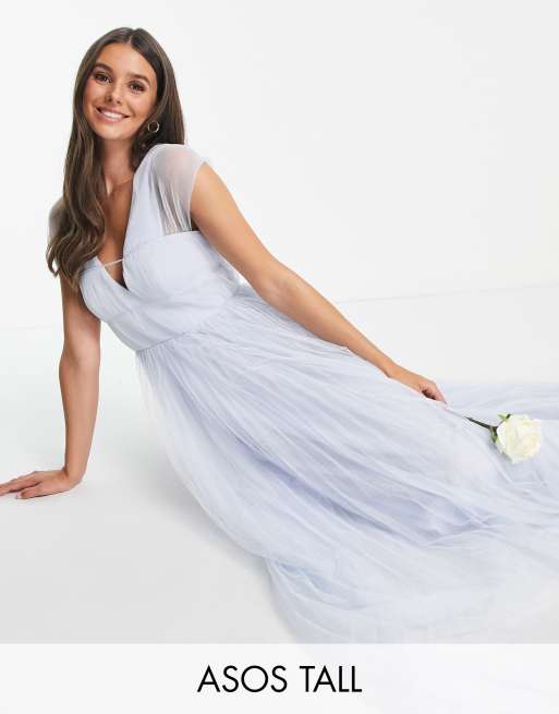 Asos Design Tall Tulle Plunge Maxi Dress With Shirred Sleeves In Powder Blue Asos 3008