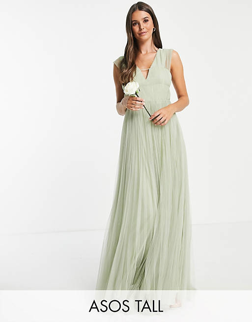 ASOS DESIGN Tall tulle plunge maxi dress with shirred sleeves in sage