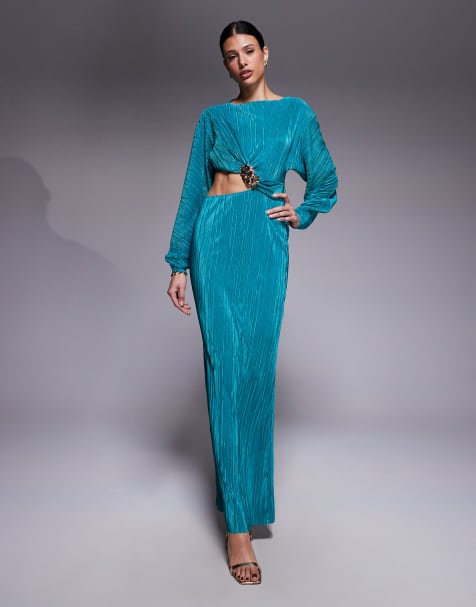 ASOS DESIGN Tall plisse cocoon sleeve faux ord maxi dress with hardware in teal