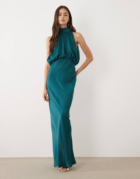 ASOS DESIGN Tall – Turkusowa satynowa sukienka maxi z dekoltem typu halter - view 1