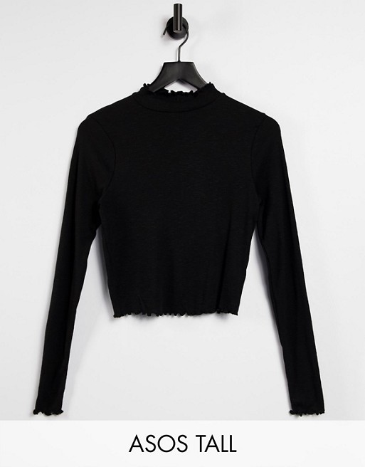 ASOS DESIGN Tall turtle neck crop top with lettuce edge in black