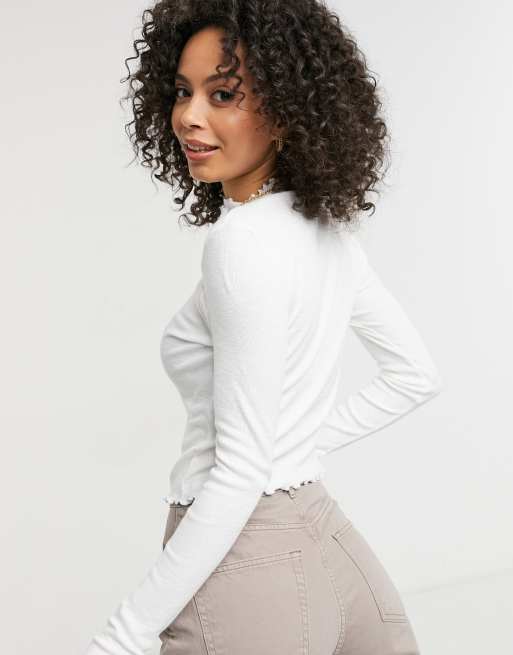 ASOS DESIGN Tall turtle neck crop top with lettuce edge in white