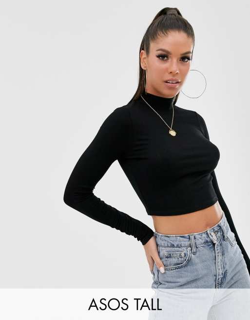 ASOS DESIGN Tall turtle neck long sleeve rib crop top in black