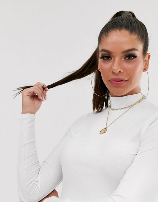 White Long Sleeve Turtle Neck Crop Top