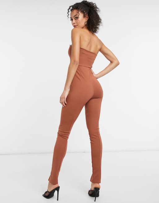 ASOS DESIGN Tall - Tuta aderente a fascia con spacchi sulle gambe marrone, 2 di 4