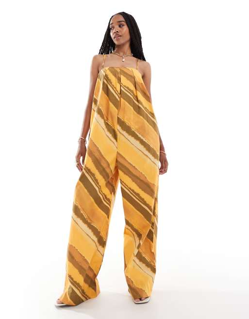 ASOS DESIGN Tall - Tuta jumpsuit a fondo ampio squadrata a pieghe arancione a righe