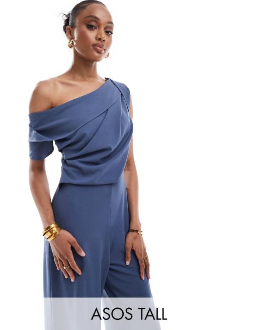 ASOS DESIGN Tall - Tuta jumpsuit con fondo ampio blu con spalle scese e dettaglio raccolto