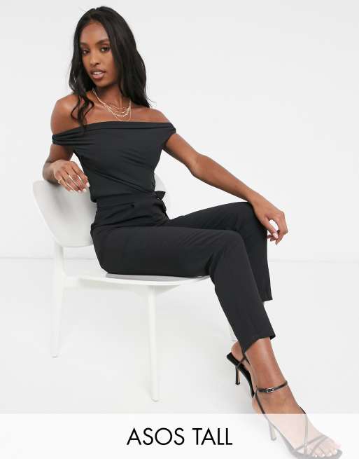 ASOS DESIGN Tall - Tuta jumpsuit con spalle scese in chiffon nera