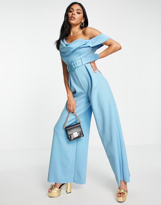 ASOS DESIGN Tall - Tuta jumpsuit monospalla a fondo ampio in tessuto scuba azzurro pastello