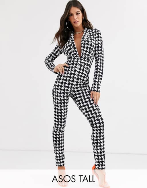 ASOS DESIGN Tall - Tux jumpsuit met uitsnijding en pied-de-pouleprint