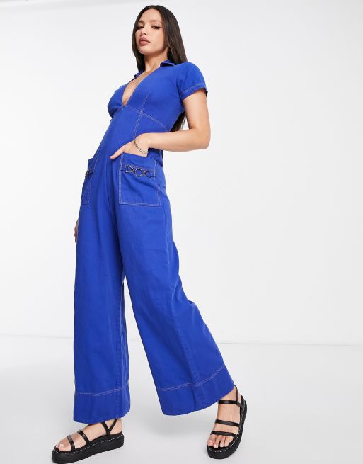 ASOS DESIGN metallic cupped kick flare jumpsuit in blue