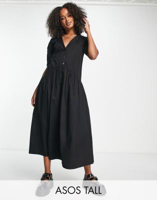 Asos Design Tall Twill Collared Button Midi Smock Dress In Black