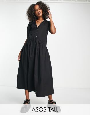 ASOS DESIGN Tall twill collared button midi smock dress in black