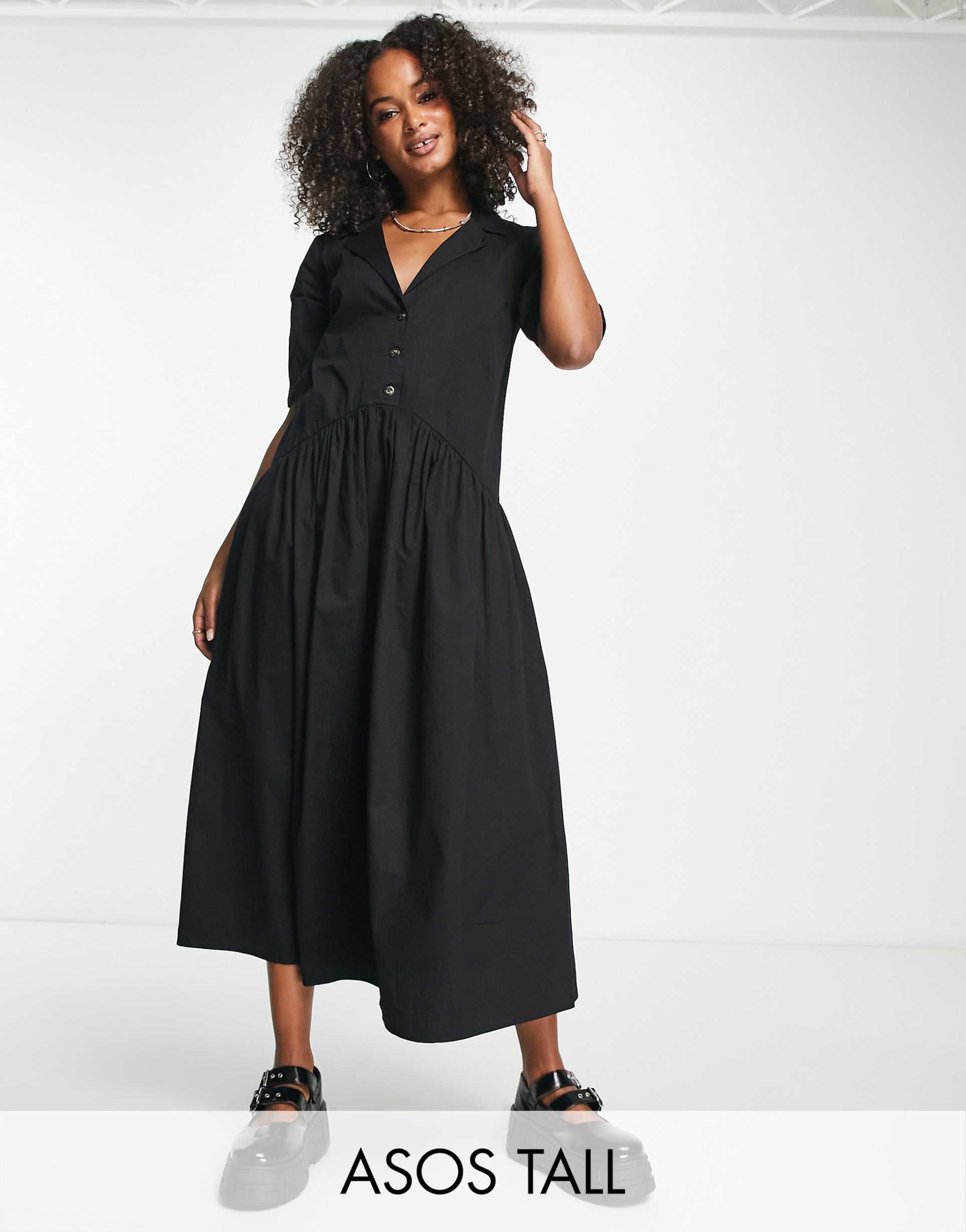 asos design tall twill collared button midi smock dress in black