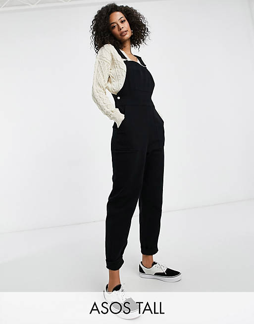 Women tall twill dungrees with pockets in black 