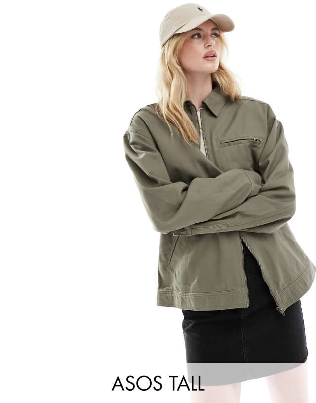 ASOS Tall - ASOS DESIGN Tall twill harrington shacket in khaki