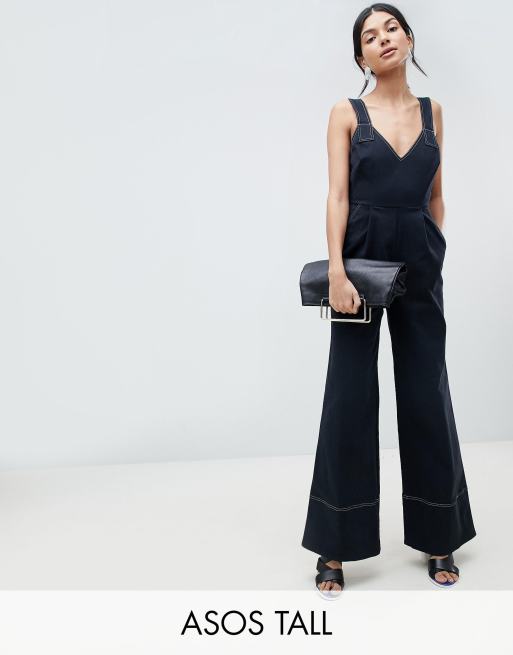 ASOS DESIGN Tall Twill Jumpsuit mit Bindedetail und weitem Bein ASOS