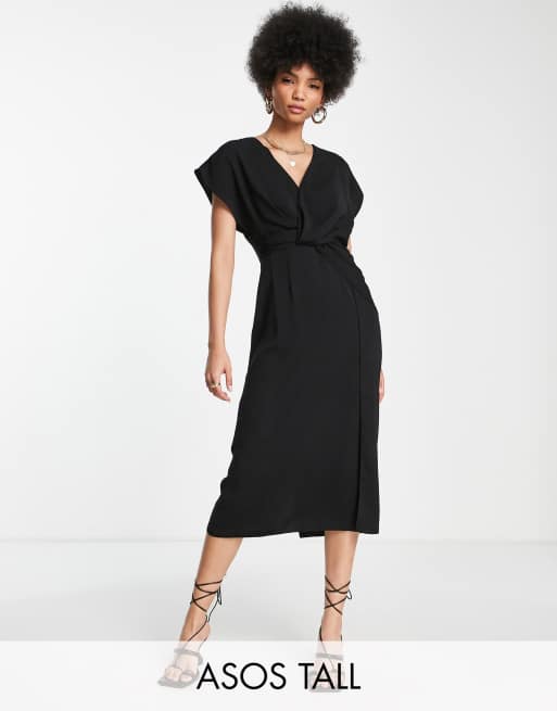 ASOS DESIGN sweetheart neckline ruched waist midi dress with cap sleeves in  black