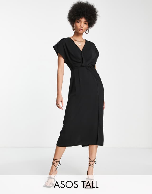 ASOS DESIGN Tall twist and drape front midi dress in black