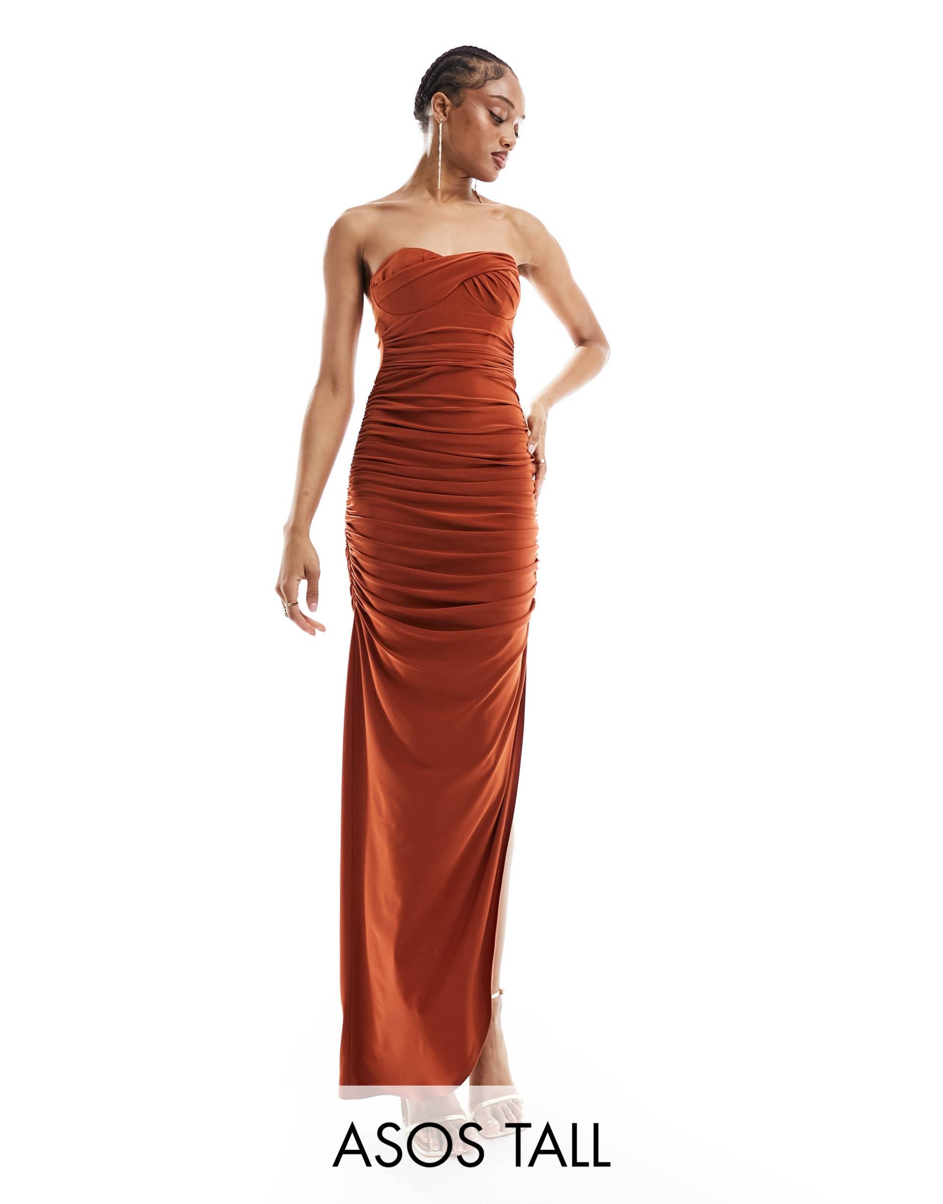 asos design tall twist bandeau maxi dress with exaggerated draped skirt in rust