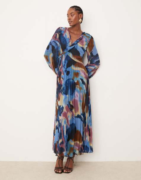 ASOS DESIGN Tall twist detail wrap front pleated midi dress in abstract navy