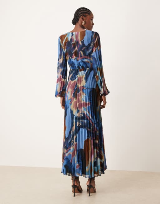ASOS DESIGN Tall twist detail wrap front pleated midi dress in abstract navy, 3 of 4
