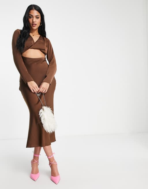 ASOS DESIGN Tall twist front bias midi dress in satin in rust, 4 of 4