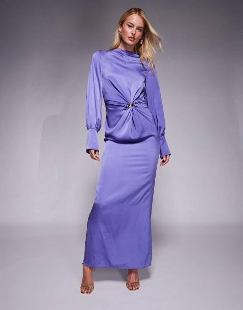ASOS DESIGN Tall twist front bias satin maxi dress with gold hardware in purple - view 1