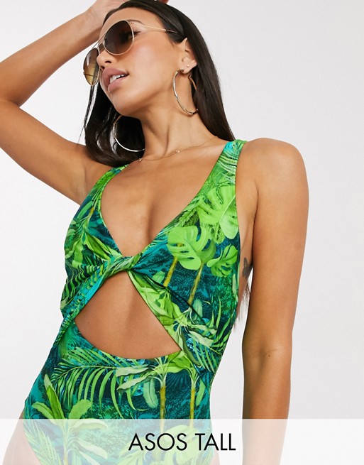 ASOS DESIGN tall twist front cut out swimsuit in exotic palm print