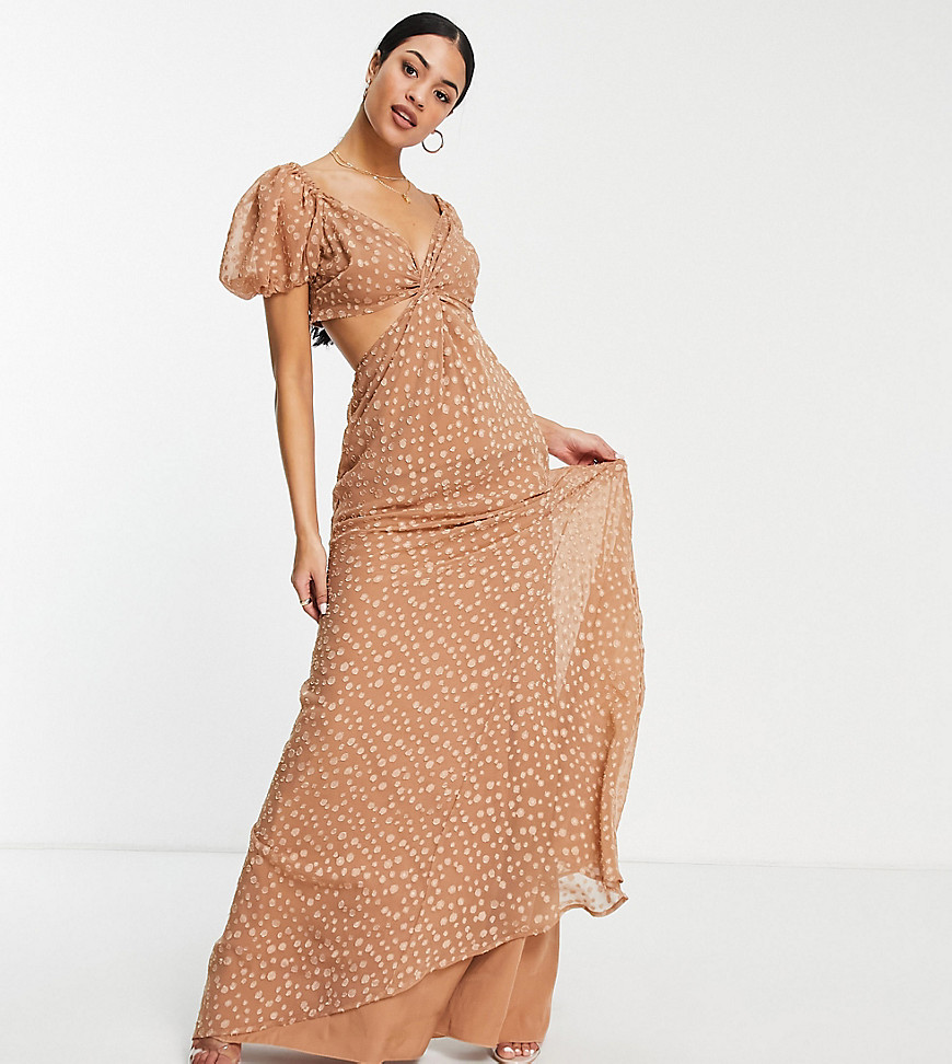 ASOS DESIGN Tall twist front maxi dress in satin spot in taupe-Brown